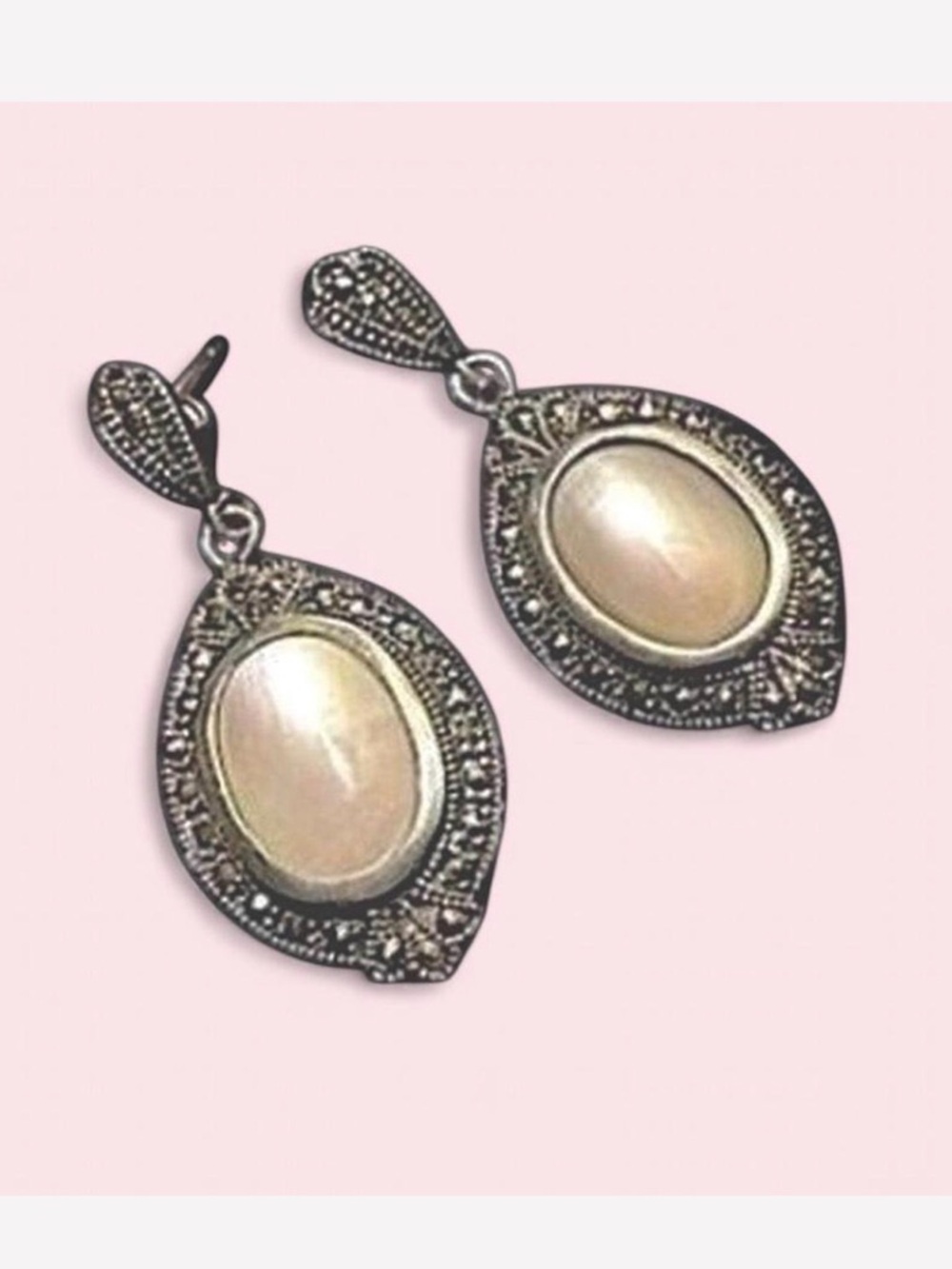 Antique 1930’s Mabe Pearl Sterling Silver & Marcasite Art Deco Dangle Earrings